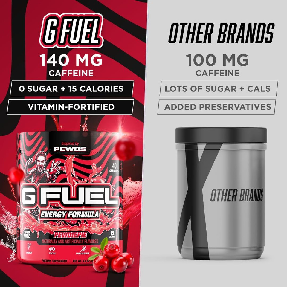 G Fuel Pewdiepie Energy Drink Powder, Pre Workout Caffeine Mix For Gaming, Sugar Free Focus Amino, Vitamin + Antioxidants, 9.9Oz (Lingonberry, 40 Servings)