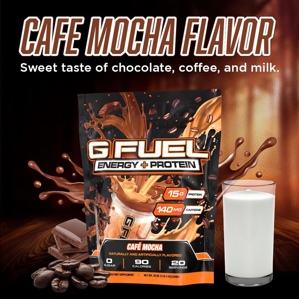 G Fuel Protein + Energy Drink Powder, Pre Workout Caffeine Mix For Gaming, Sugar Free Focus Amino, Vitamin + Antioxidants, 19Oz (Cafe Mocha, 20 Servings)