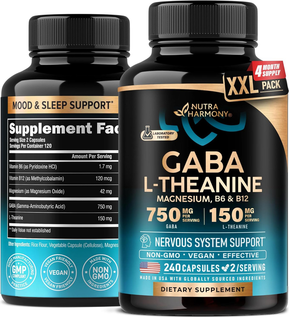 Gaba L-Theanine 900 Mg - Made In Usa - Magnesium | Vitamin B6 - Calm, Sleep, Relaxation & Mood Support - 750 Mg Gamma Aminobutyric Acid, 150 Mg L-Theanine - Non-Habit Forming, Vegan - 240 Capsules
