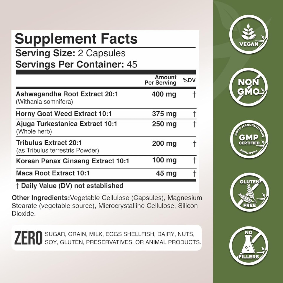 Gade Nutrition Ashwagandha With Maca Root, Horny Goat Weed, Turkesterone Supplement, Tribulus Terrestris, Panax Ginseng | 90 Vegetable Capsules For Energy, Stamina, Performance. | Made In Usa