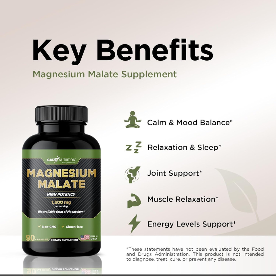 Gade Nutrition Magnesium Supplement As Magnesium Malate | Vegetable Capsules 1,500 Mg Made With Calm Magnesium Powder | Magnesium Complex Made In Usa