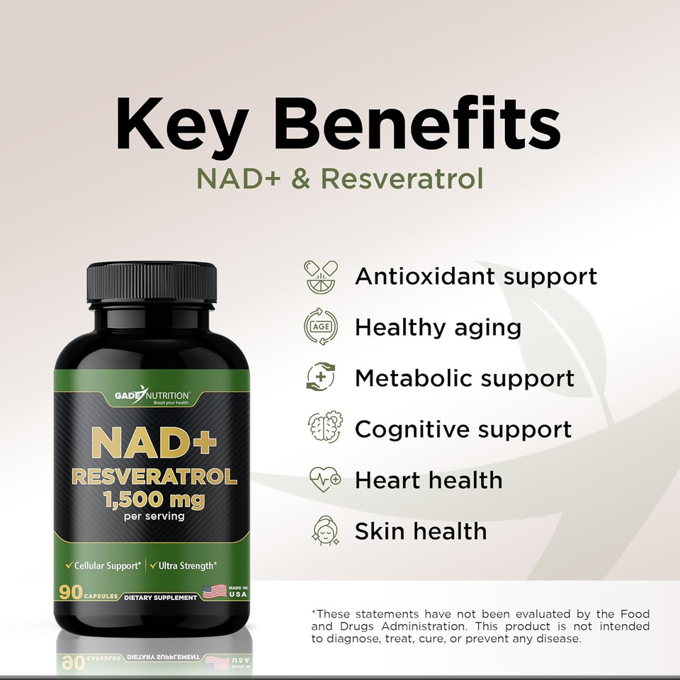 Gade Nutrition Nad Supplement With Resveratrol | Nicotinamide Plus In Capsules Made In Usa | Antioxidant Healthy Aging Supplement