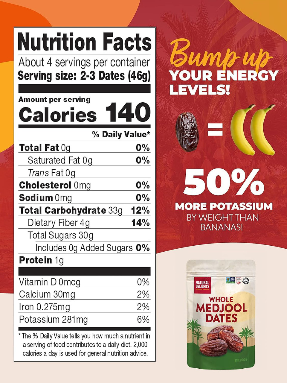 Natural Delights Medjool Dates  Large & Plump, Whole Non-Gmo Verified, Good Source Of Fiber, Naturally Sweet Fruit Snack, Perfect For On-The-Go - Medjool Dates Whole, 12 Oz Container