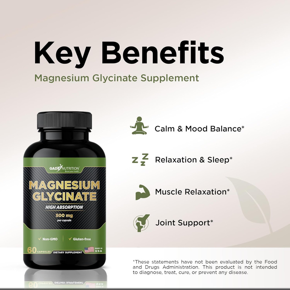 Gade Nutrition Pure Magnesium Glycinate | Magnesium Supplement As Calm Magnesium For Sleep | Magnesium Complex Supplement In Capsules Made Wih Magnesium Glycinate Powder - Or Calm Magnesium Powder