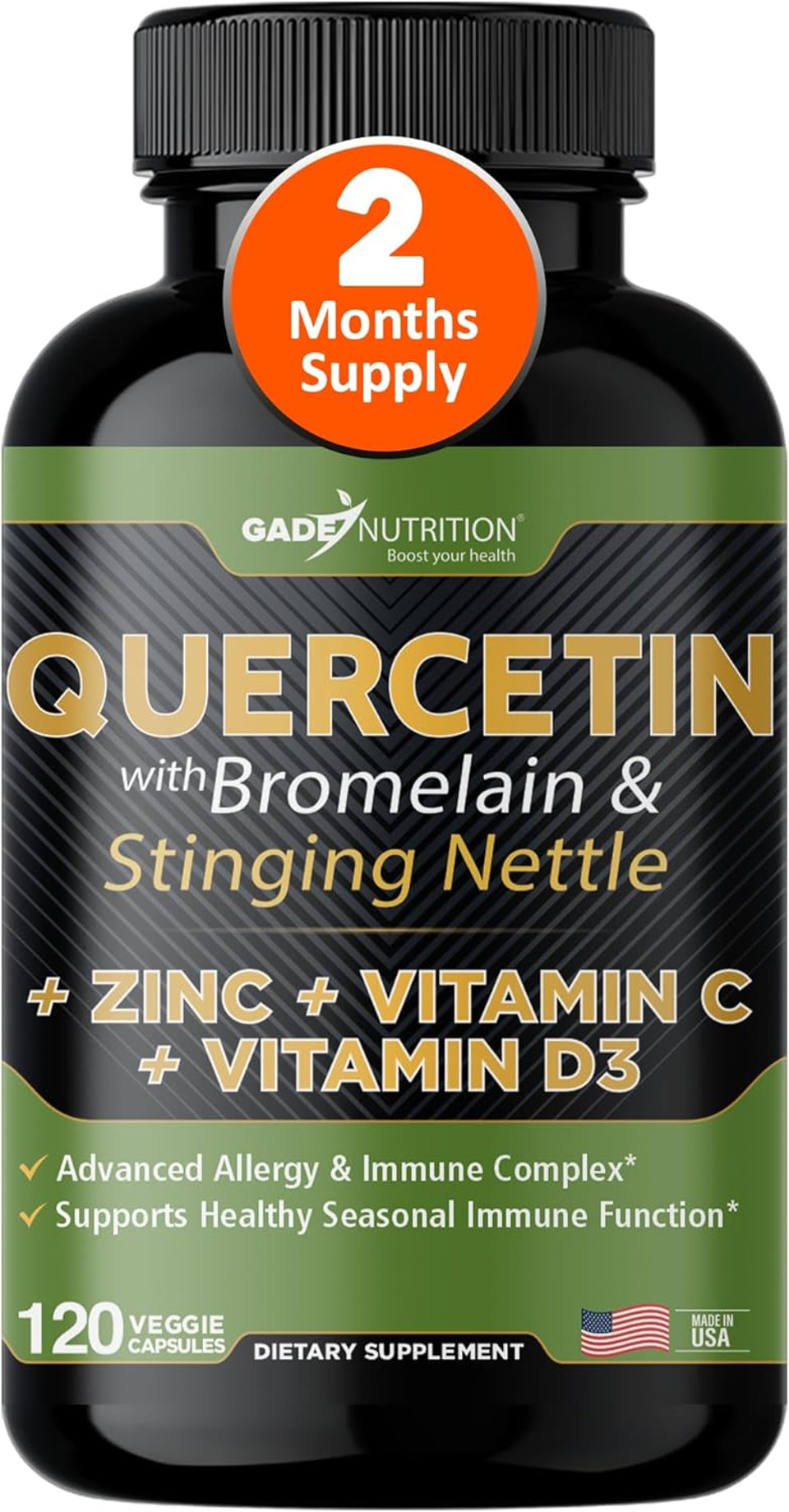 Gade Nutrition Quercetin With Vitamin C, Zinc & Stinging Nettle - Nettle Quercetin - Quercetin 500Mg - Quercetin With Bromelain - Zinc Quercetin + Vitamin D3-360 Veggie Caps - 6 Month Supply