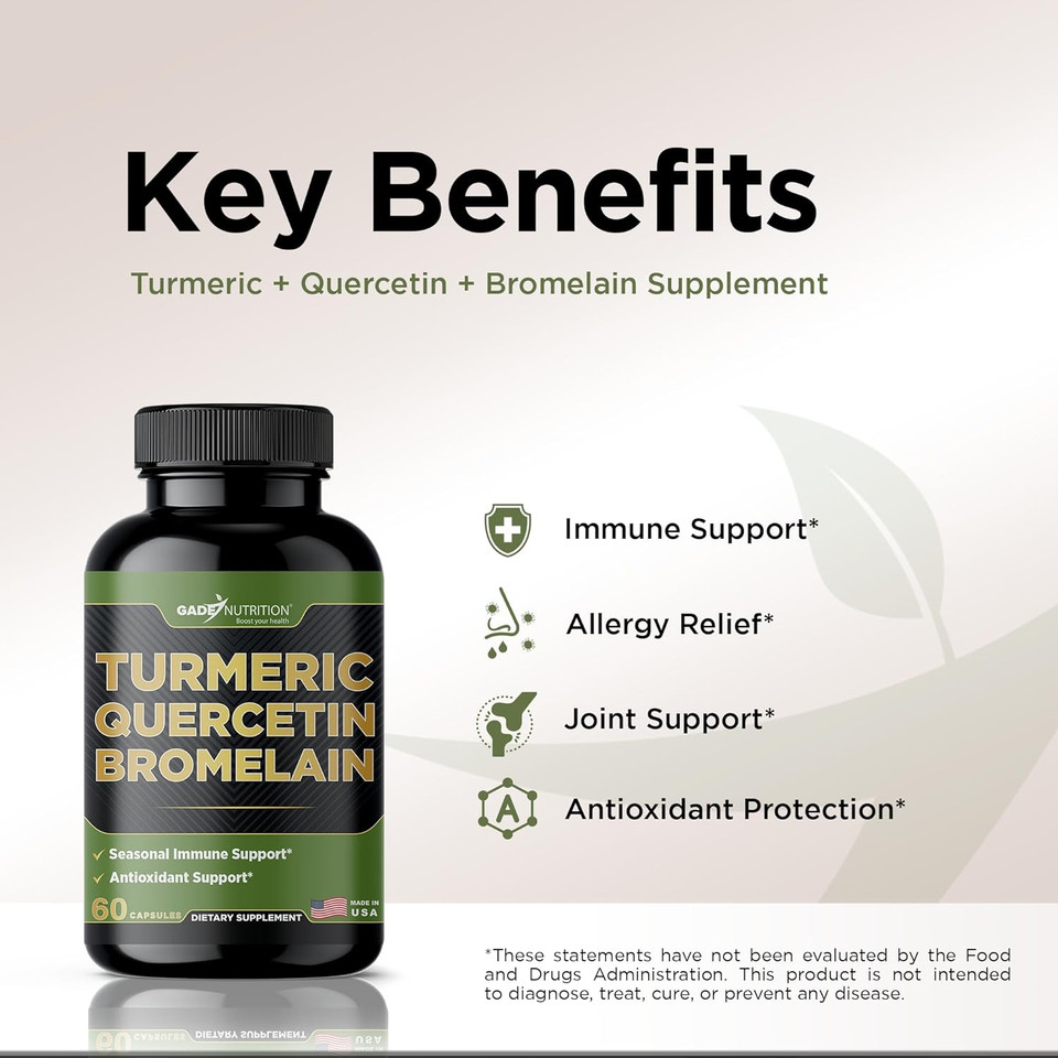 Gade Nutrition Turmeric Quercetin With Bromelain Supplement | Supplement In Capsules For Immune Support, Allergy Relief, Joint Support | Non-Gmo, Gluten-Free, Made In Usa