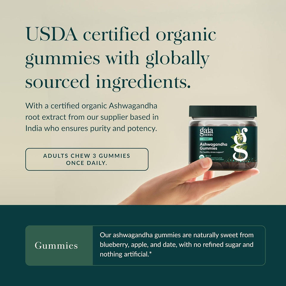 Gaia Herbs Organic Ashwagandha Gummies, Stress Support, Cinnamon, Ginger, Gluten Free, Vegan, 120 Count