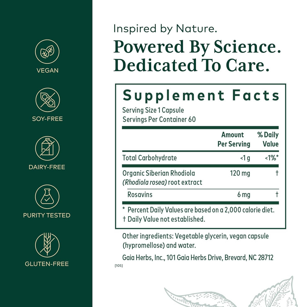 Gaia Herbs Pro Rhodiola - Energy Support Supplement - Adaptogen Support Supplement With Rhodiola Root Extract - Vegan Gluten-Free Soy-Free - 60 Phyto-Caps (30 Servings)