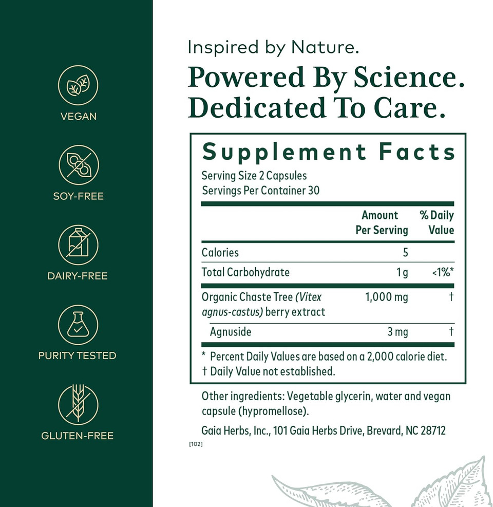 Gaia Herbs Pro Vitex - Supplement Supports Normal Menstrual Cycle & Healthy Menopause* - Progesterone Support Supplement* With Organic Chaste Tree Berry Extract - 60 Liquid Phyto-Caps (30 Servings)
