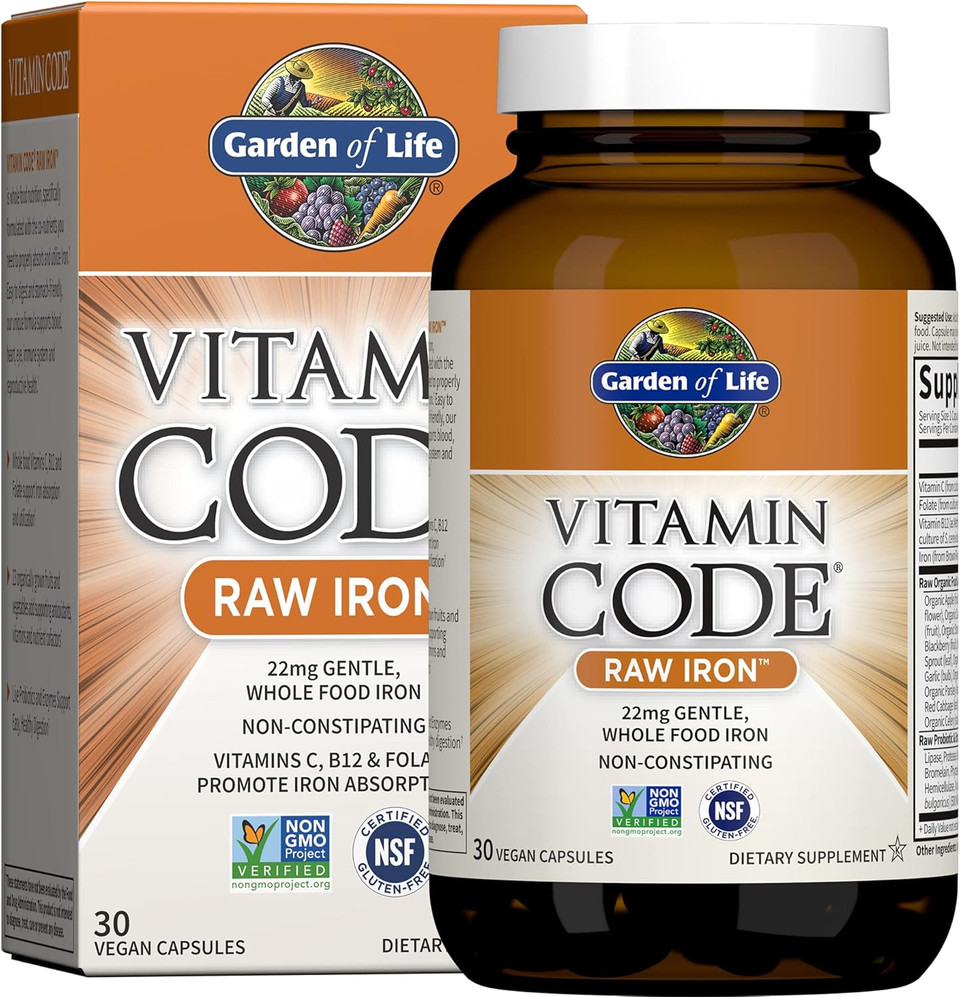 Garden Of Life Vitamin Code Raw Iron Supplement - 30 Vegan Capsules, 22Mg Once Daily Iron, Vitamins C, B12, Folate, Fruit, Veggies & Probiotics, Iron Supplements For Women, Energy & Anemia Support