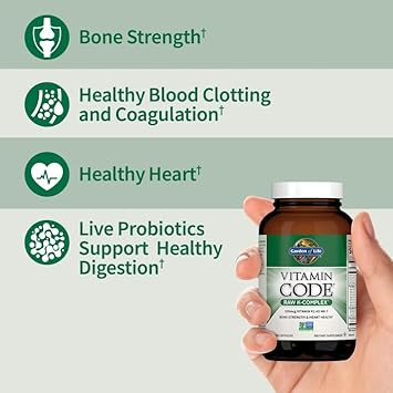 Garden Of Life Vitamin K2 And K1, Vitamin Code Vegan K Complex Vitamin For Bone Strength And Heart Health, Vitamin K1 And K2, Omega Rich Flax Seed Oil, Trace Minerals, Probiotics, 60 Day Supply
