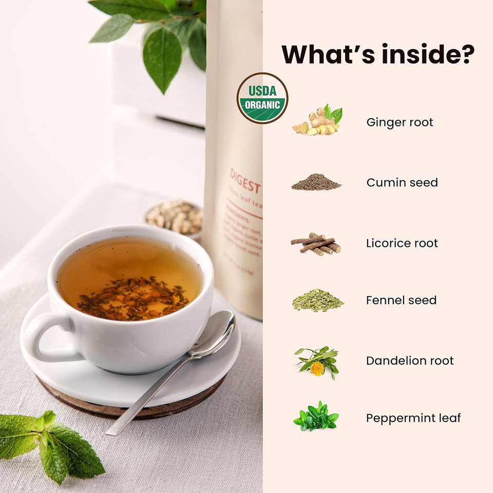 Gardenika Organic Digestive Loose Leaf Tea, Stomach Ease Herbal Caffeine-Free Leaves, Ayurvedic Blend With Dandelion Root, Ginger, Peppermint, Licorice  4 Oz