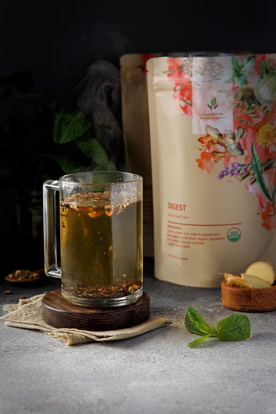 Gardenika Organic Digestive Loose Leaf Tea, Stomach Ease Herbal Caffeine-Free Leaves, Ayurvedic Blend With Dandelion Root, Ginger, Peppermint, Licorice  4 Oz