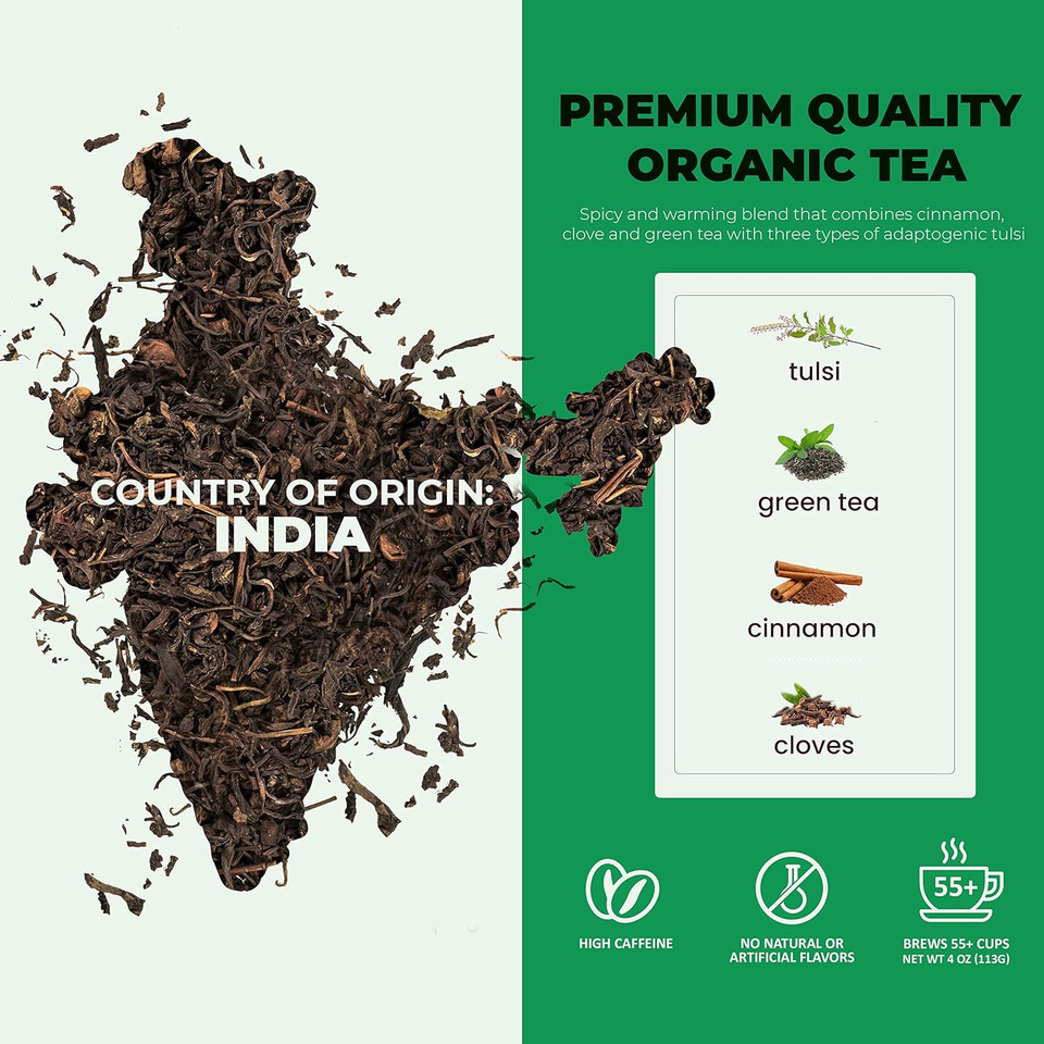 Gardenika Organic Green Loose Leaf Tea With Tulsi, Cloves And Cinnamon  Kosher, No Natural Or Artificial Flavors  4 Oz