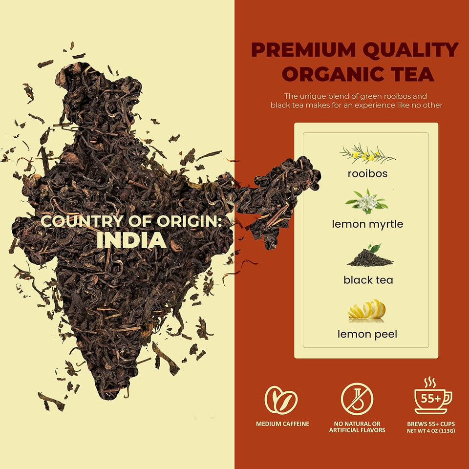 Gardenika Organic Green Rooibos Black Loose Leaf Tea With Lemon Peel And Lemon Myrtle  Kosher, No Natural Or Artificial Flavors - 4 Oz