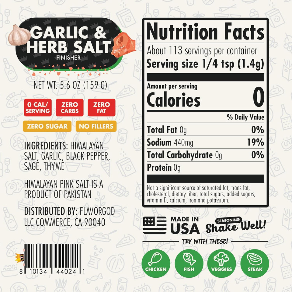 Garlic & Herb Salt Finisher By Flavor God - Premium All Natural & Healthy Spice & Seasoning Mix Blend For Chicken, Beef, Seafood & Vegetables - Kosher, Low Sodium, Dairy-Free, Vegan & Keto Friendly