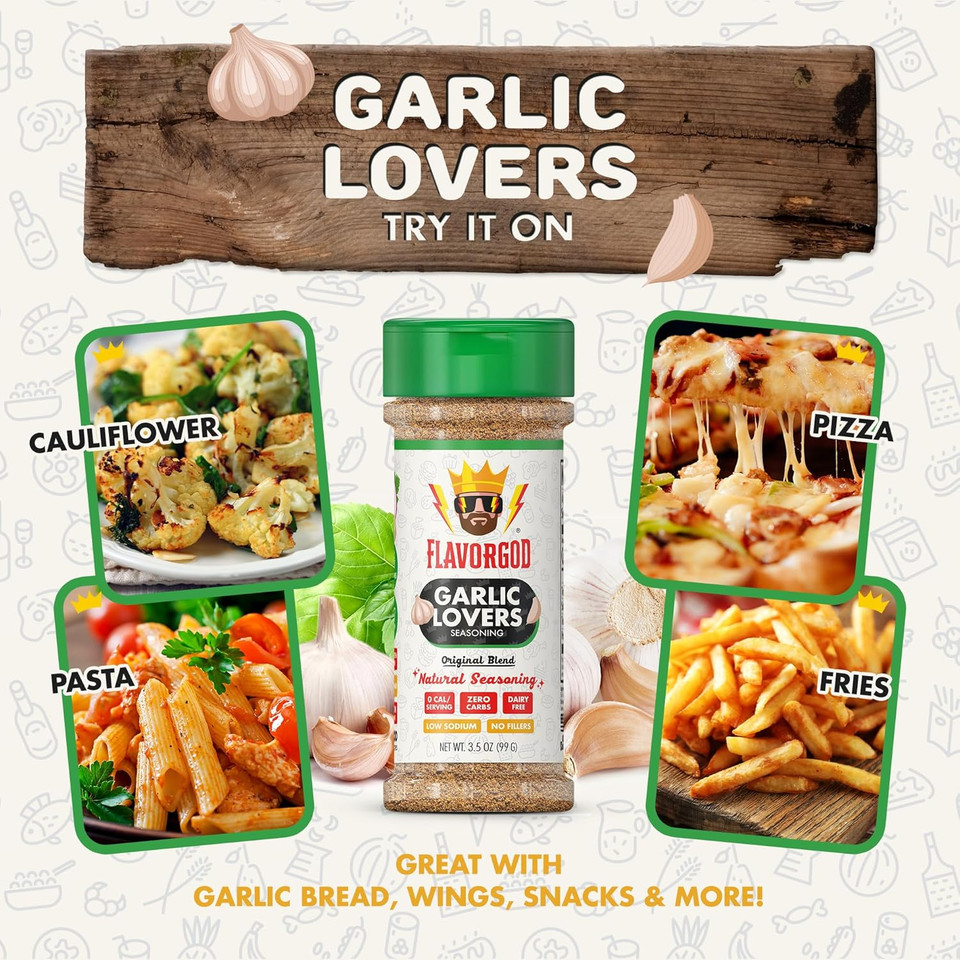 Garlic Lovers Seasoning Mix By Flavor God - Premium All Natural & Healthy Spice Blend For Grilling Chicken, Beef, Seafood, Vegetables, Salad, Tacos, Pizza, & Pasta - Kosher, Gluten-Free, Dairy-Free, Vegan, Keto Friendly