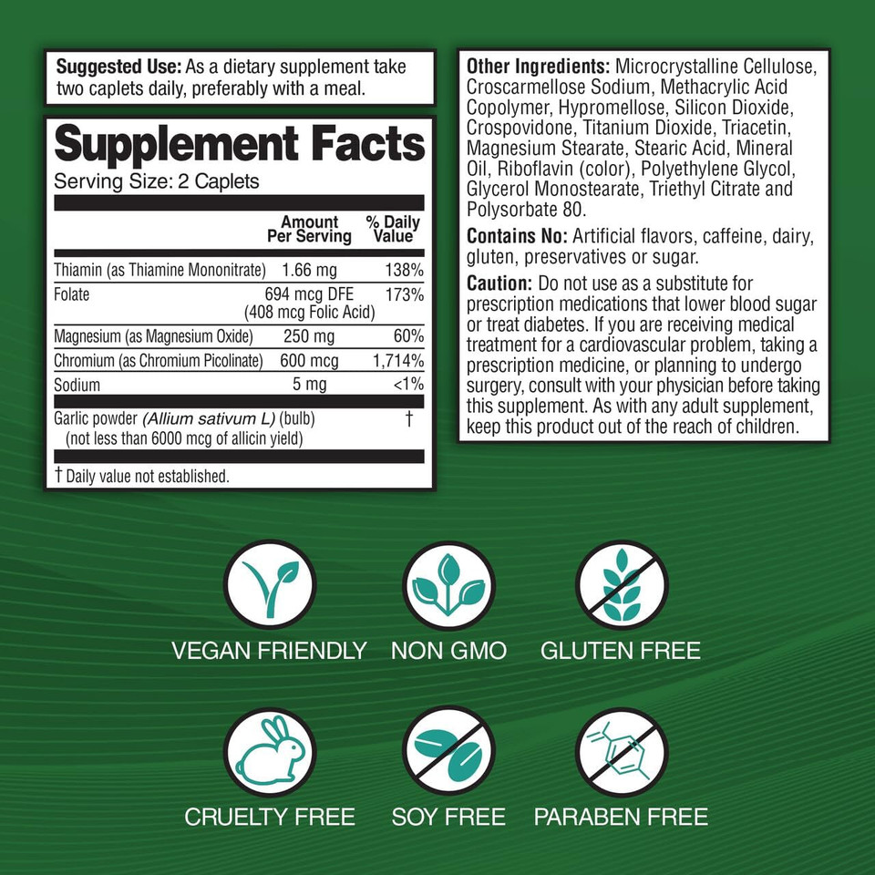 Garlique Garlic Extract Supplement, Healthy Blood Sugar Formula, 6000 Mcg Allicin, Odorless & Vegan, 60 Caplets