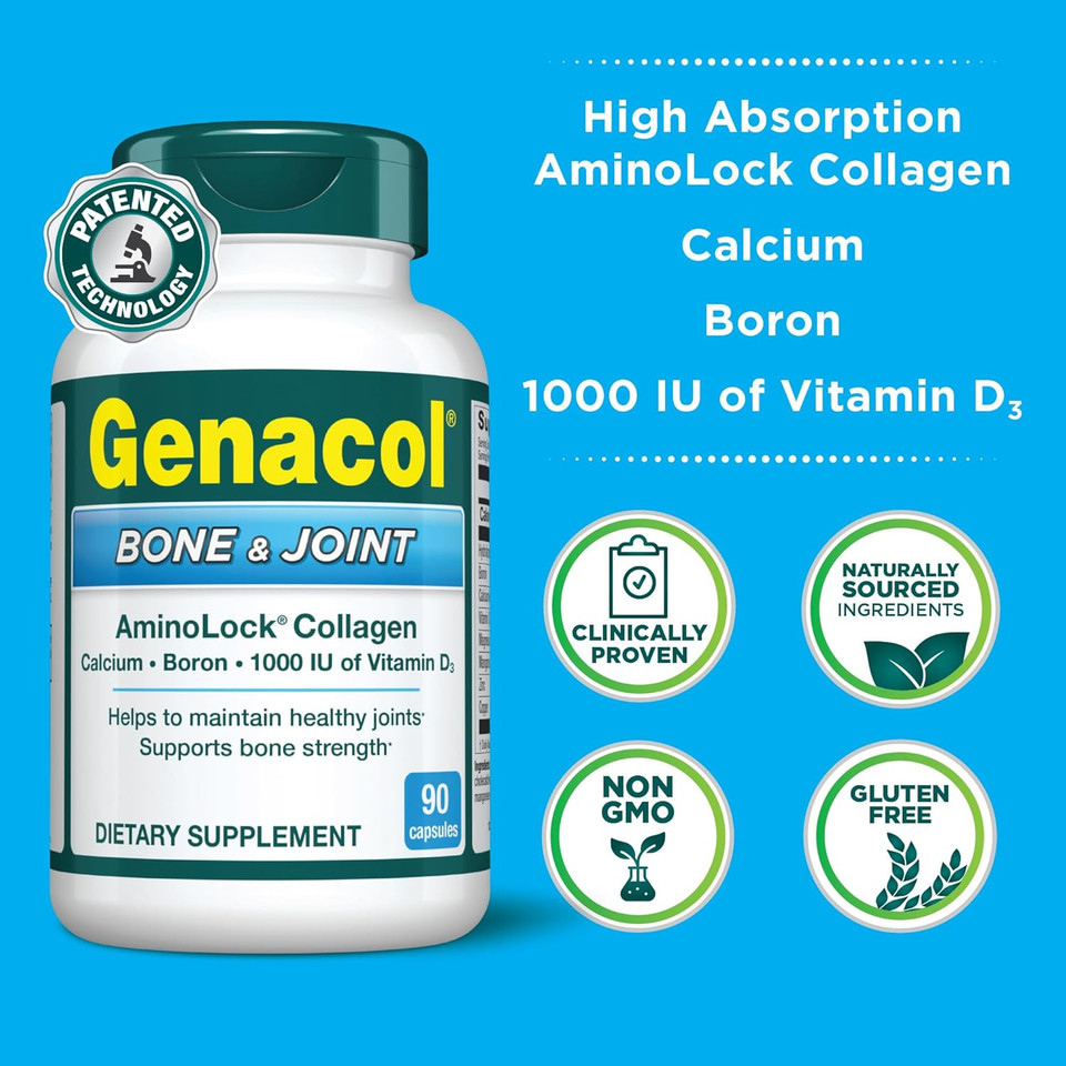 Genacol Bone & Joint  Calcium, Vitamin D3, Boron & Ultra-Hydrolyzed Collagen, Health Supplement, Supports Bone Strength, 90 Capsules (30-Day Supply)