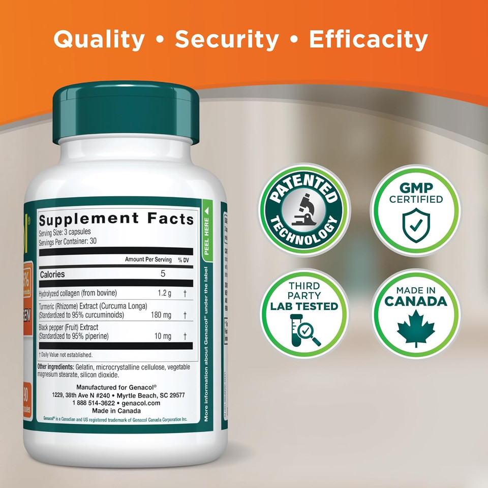 Genacol Turmeric Curcumin, Ultra-Hydrolyzed Collagen Peptides Supplement With Black Pepper Extract (Bioperine), Soothe Your Joints, Enhanced Absorption, 90 Capsules (30-Day Supply)