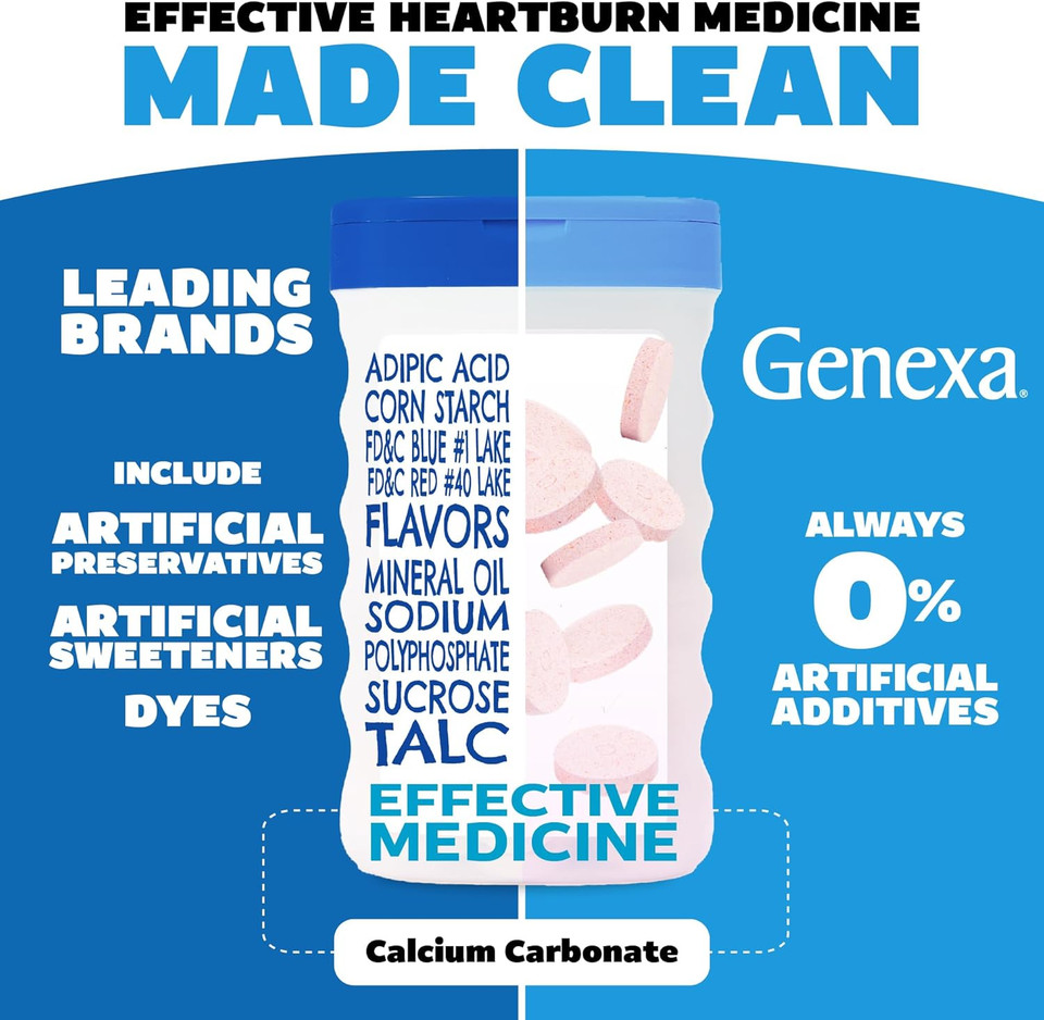 Genexa Clean Antacid Maximum Strength Chewable Tablets, Dye Free, 0% Artificial Additives, Calcium Carbonate Relief For Heartburn, Acid Indigestion, & Upset Stomach, Organic Berry Flavor, 72 Ct