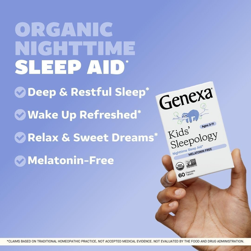 Genexa KidS Sleepology | Melatonin Free Childrens Sleep Aid | Natural Vanilla & Lavender Flavor | Certified Organic & Non-Gmo | Homeopathic Remedy Made Clean | 60 Chewable Tablets For Ages 3-11