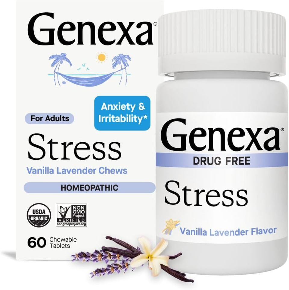 Genexa Stress For Adults | Anxiety & Irritability Relief | Fatigue Remedy | Natural Vanilla & Lavender Flavor | Gluten Free & Non-Gmo | Homeopathic Remedy Made Clean | 60 Chewable Tablets