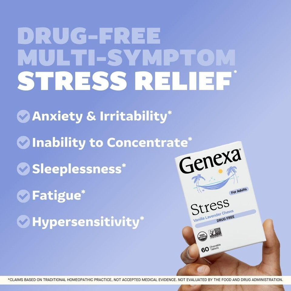Genexa Stress For Adults | Anxiety & Irritability Relief | Fatigue Remedy | Natural Vanilla & Lavender Flavor | Gluten Free & Non-Gmo | Homeopathic Remedy Made Clean | 60 Chewable Tablets
