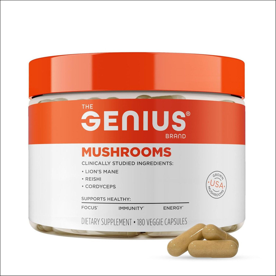 Genius Mushroom Supplement - Full-Spectrum LionS Mane, Cordyceps, Reishi -Daily Brain Nootropic For Energy, Focus, Memory & Overall Wellness - 90 Capsules  Organic For Mental Clarity & Performance