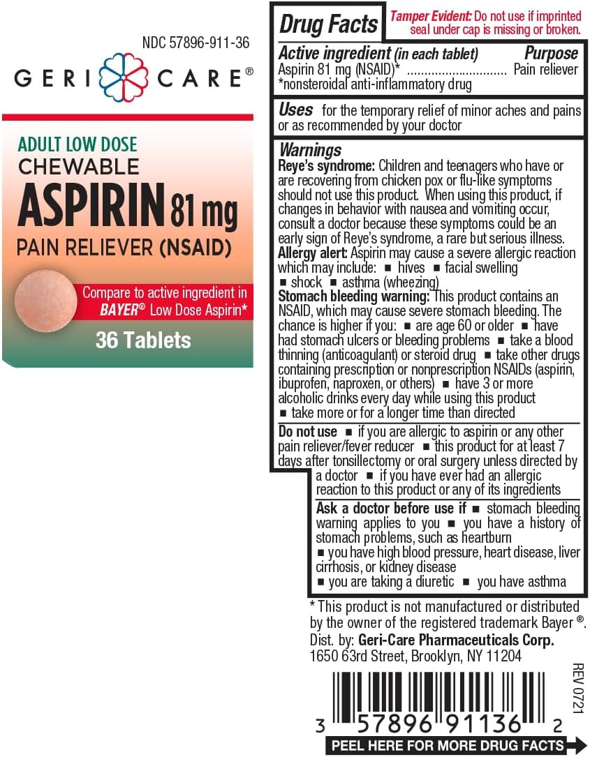 Gericare Aspirin Adult Chewable 81 Mg Tablets 36 Ct