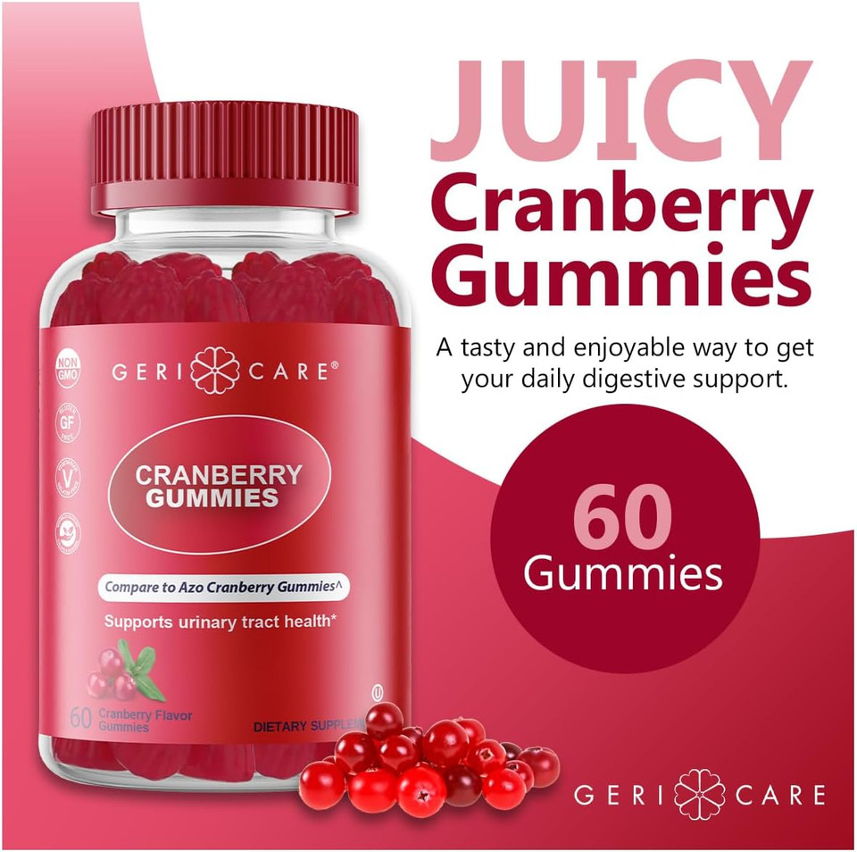 Gericare Cranberry Gummies  Naturally Sourced Cranberry Extract For Uti & Bladder Health, Antioxidant Support, Non-Gmo | Gluten-Free | Vegan | Gelatin-Free | Naturally Sourced, 60 Count