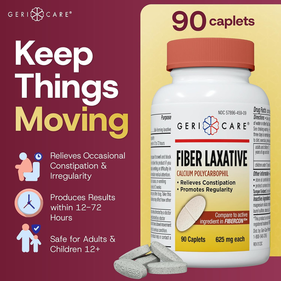 Gericare Fiber Laxative - 625Mg Calcium Polycarbophil Fiber Supplement For Women And Men - Gentle Effective Otc Relief For Constipation And Hemorrhoids - Insoluble Fiber Caplets (90 Count)
