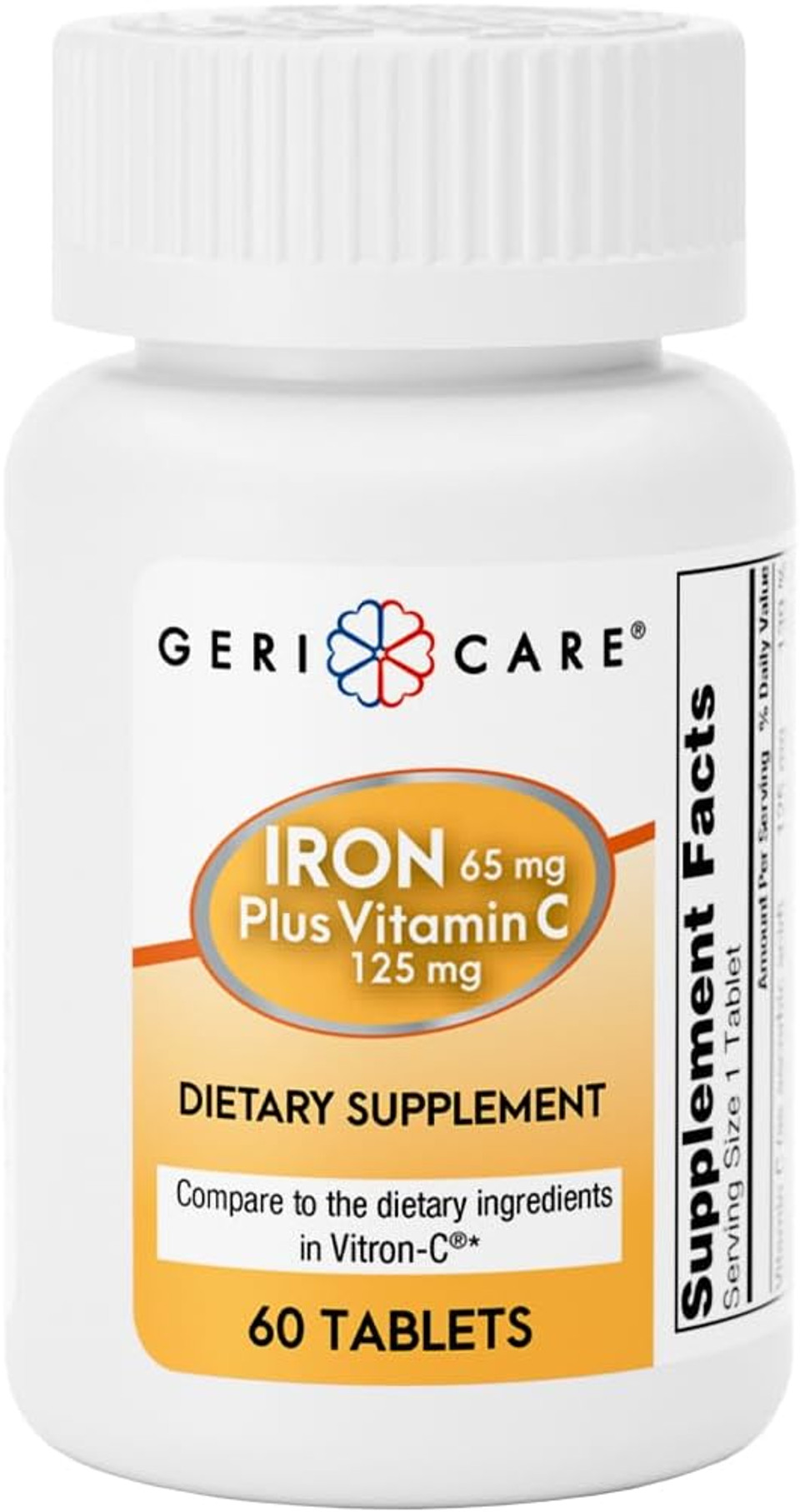 Gericare Iron 65Mg Plus Vitamin C 125Mg Tablets  High-Absorption Iron For Anemia Support, Red Blood Cell Production, Fatigue Reduction, And Immune Health  60 Count