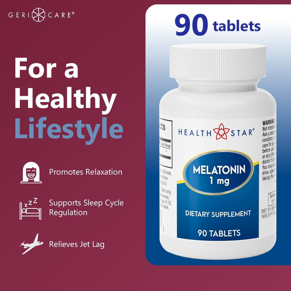 Gericare Melatonin 1Mg Sleep Support Supplement, Gentle Nighttime Sleep Aid, Non-Habit Forming, Helps Promote Relaxation & Restful Sleep, Jet Lag Recovery, And Better Nighttime Rest, 90 Tablets