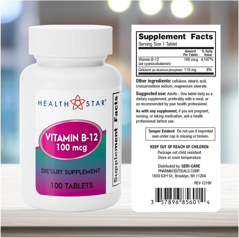 Gericare Vitamin B-12 100Mcg Tablets  Promotes Energy, Cognitive Function & Nervous System Support  Trusted Supplement For Daily Wellness  100 Count