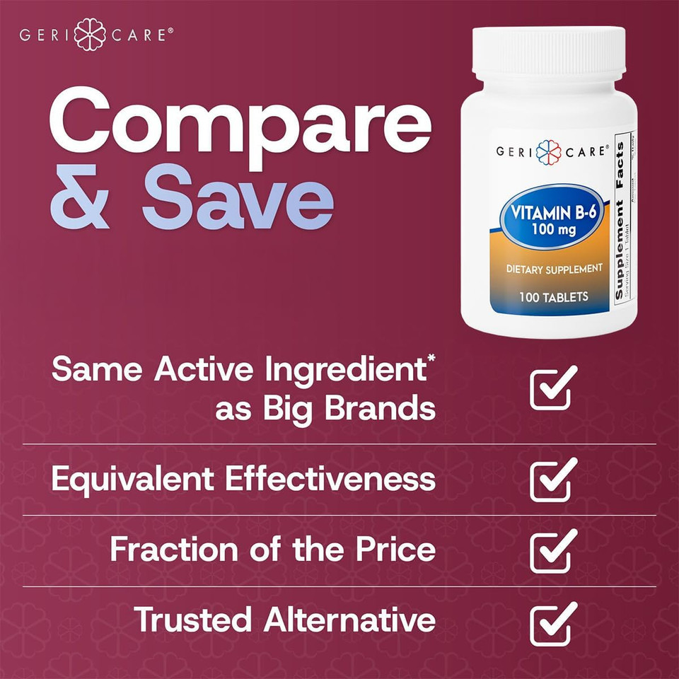 Gericare Vitamin B-6 100Mg, 100 Tablets  Daily Nutritional Support For Healthy Brain Function, Mood Enhancement, Circulatory Health & Metabolism  Helps Combat Fatigue & Promote Overall Wellness