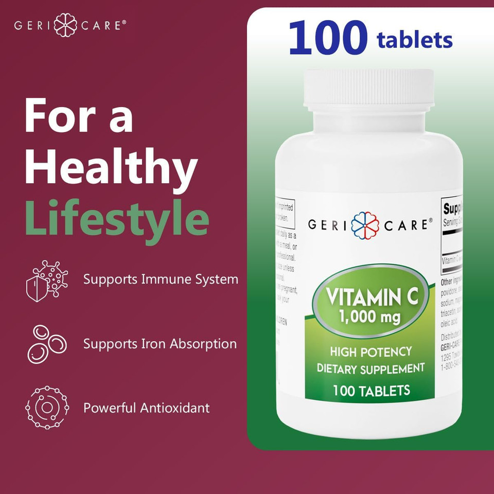 Gericare Vitamin C 1000 Mg  High Potency 100 Tablets  Supports Immune Function, Enhances Skin Care With Collagen Production, Aids In Iron Absorption, And Vascular System Health