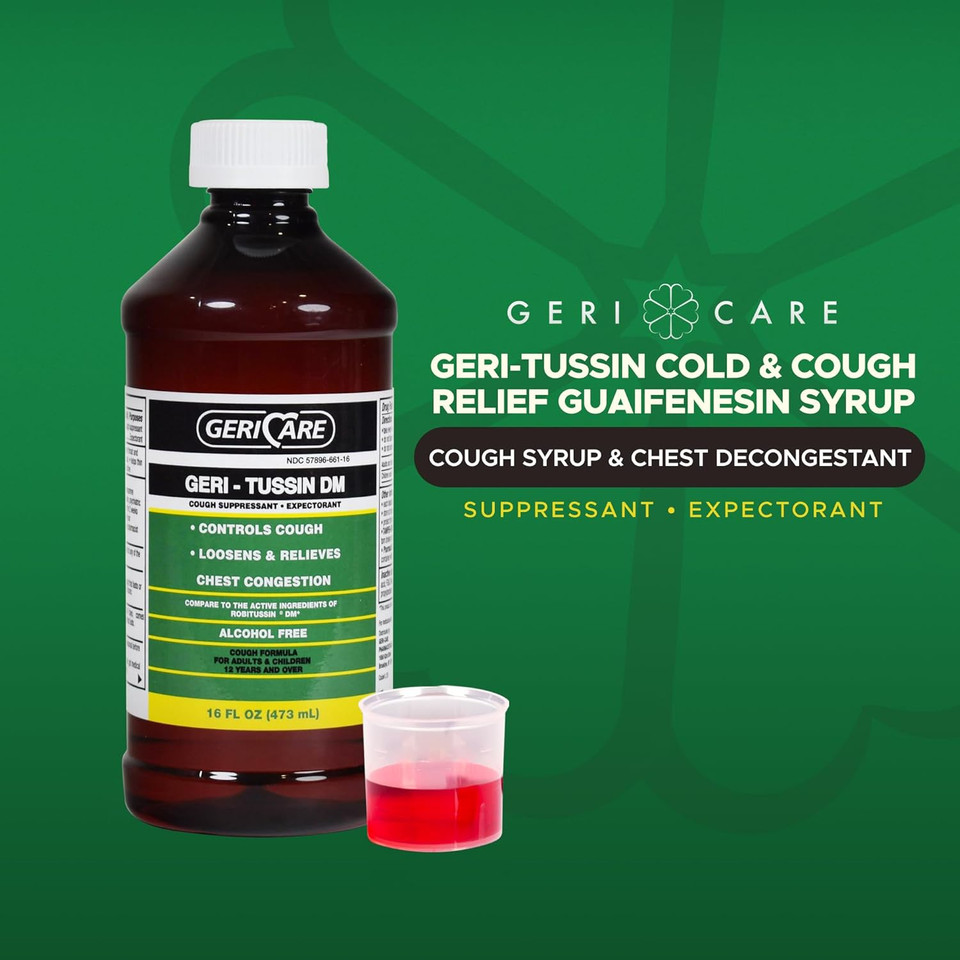 Geri-Tussin Dm Liquid Cold Cough Syrup By Gericare| 2-In-1 Maximum Strength Cough Suppressant Dextromethorphan & Expectorant Guaifenesin| Non-Drowsy Cough Relief Syrup & Chest Decongestant|16 Fl Oz