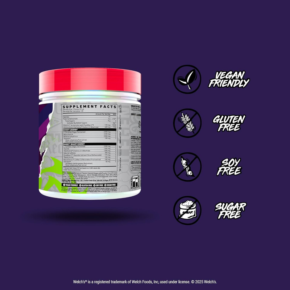 Ghost Legend Pre-Workout Powder, Welch'S Grape - 30 Servings  Pre-Workout For Men & Women With Choline, L-Citrulline, & Beta Alanine For Energy & Focus