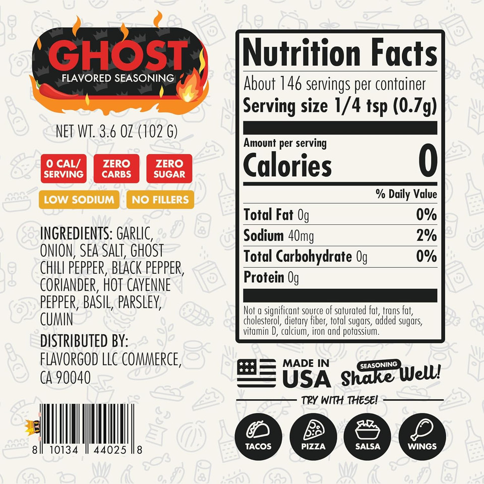 Ghost Pepper Seasoning Mix By Flavor God - Premium All Natural & Healthy Spice Blend For Grilling Chicken, Beef, Seafood, Vegetables, Eggs, Salad, Tacos, & Pizza - Kosher, Gluten-Free, Dairy-Free, Vegan, Keto Friendly