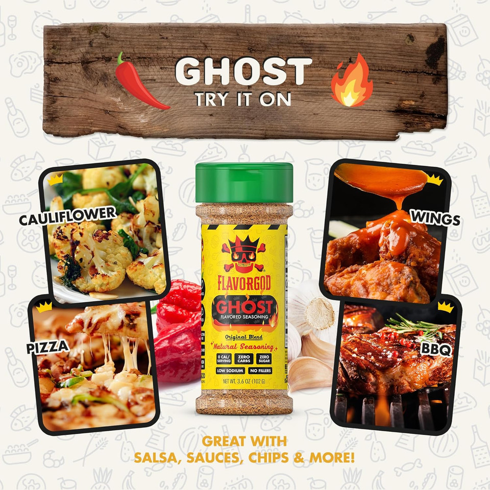 Ghost Pepper Seasoning Mix By Flavor God - Premium All Natural & Healthy Spice Blend For Grilling Chicken, Beef, Seafood, Vegetables, Eggs, Salad, Tacos, & Pizza - Kosher, Gluten-Free, Dairy-Free, Vegan, Keto Friendly