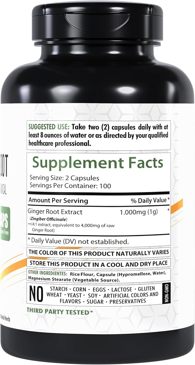 Ginger Root Extract, 4000Mg | 200 Veg Capsules | Gluten-Free | High Potency | Non-Gmo