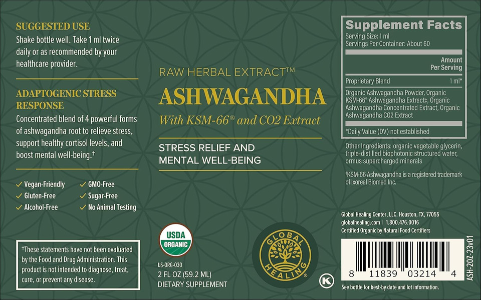 Global Healing Center - Organic Ashwagandha Supplements Drops - Ksm-66 Ashwagandha Extra Strength For Men & Women, Helps Promote Relief From Stress, Mood Support, Organic (2 Fl Oz)
