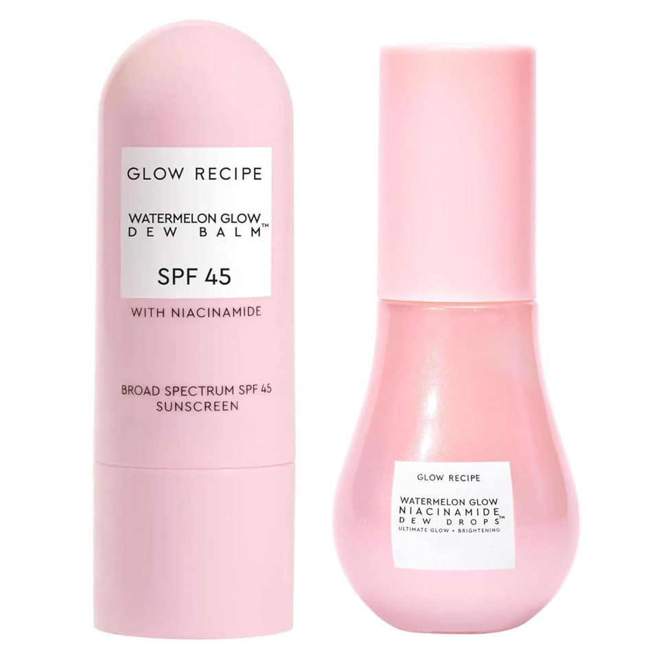 Glow Recipe Skincare Essentials Travel Duo - Watermelon Glow Spf Dew Balm Sunscreen (.58Oz) + Niacinamide Dew Drops Serum With Hyaluronic Acid (15Ml) - Protect From Uva Rays & Brighten Uneven Skin