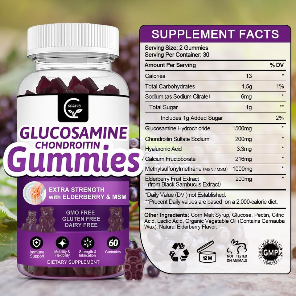 Glucosamine Chondroitin Gummies With Msm & Elderberry  Extra Strength Mobility & Flexibility Support, Antioxidant Immune Supplement For Women & Men