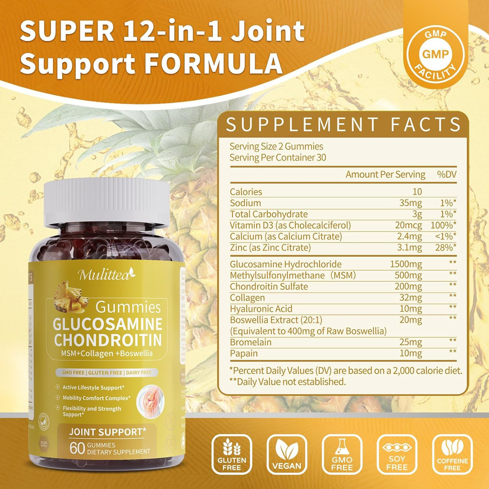 Glucosamine Chondroitin Msm + Collagen - Extra Strength Joint Support Supplement With Enzyme Blend For Absorption  Flexibility, Mobility & Immune Support -Best For Women & Men  120 Gummies