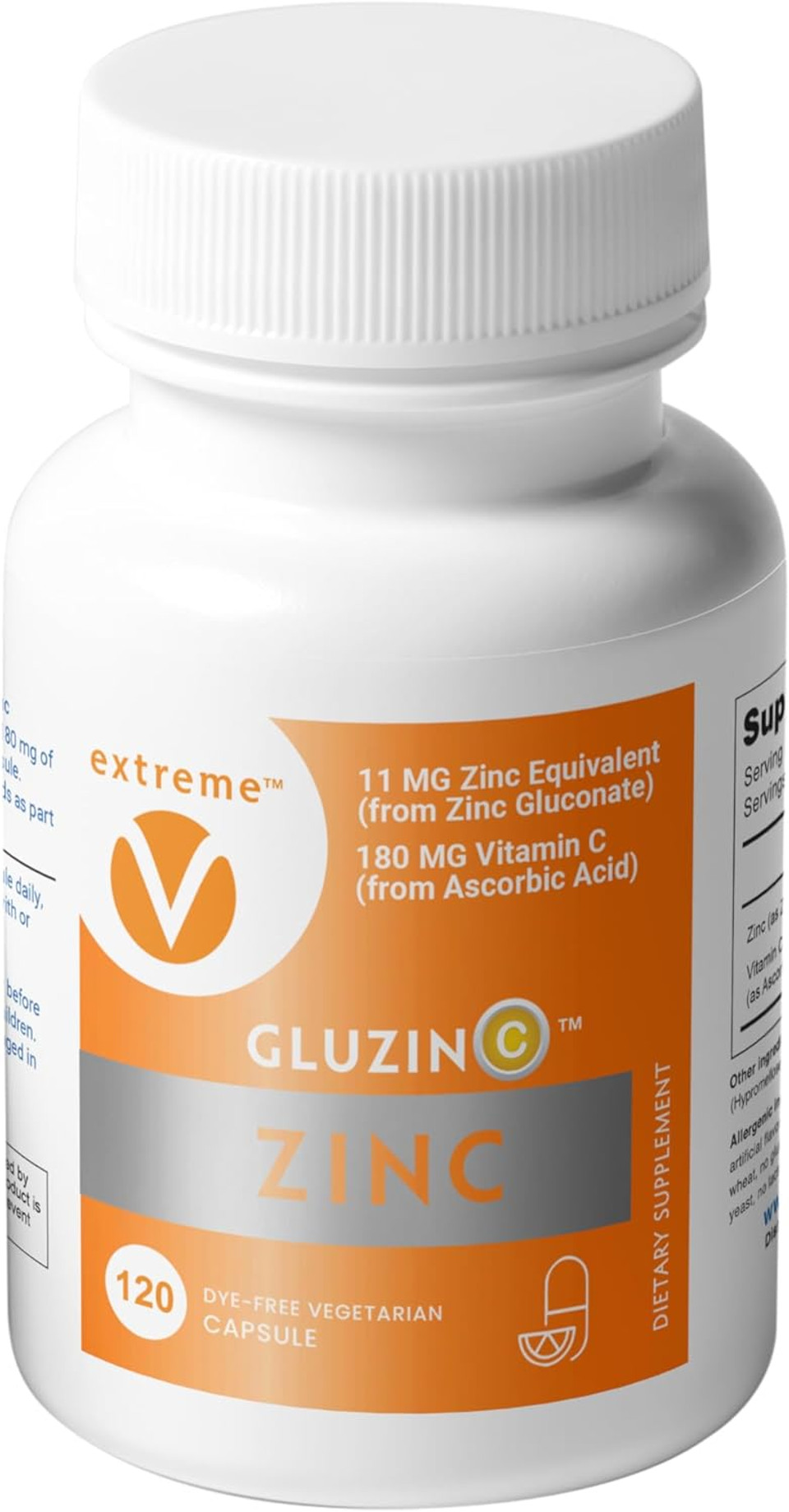 Gluzinc Immune Formula | Zinc Gluconate 11Mg + Vitamin C 180Mg | 120 Dye-Free Vegetarian Capsules