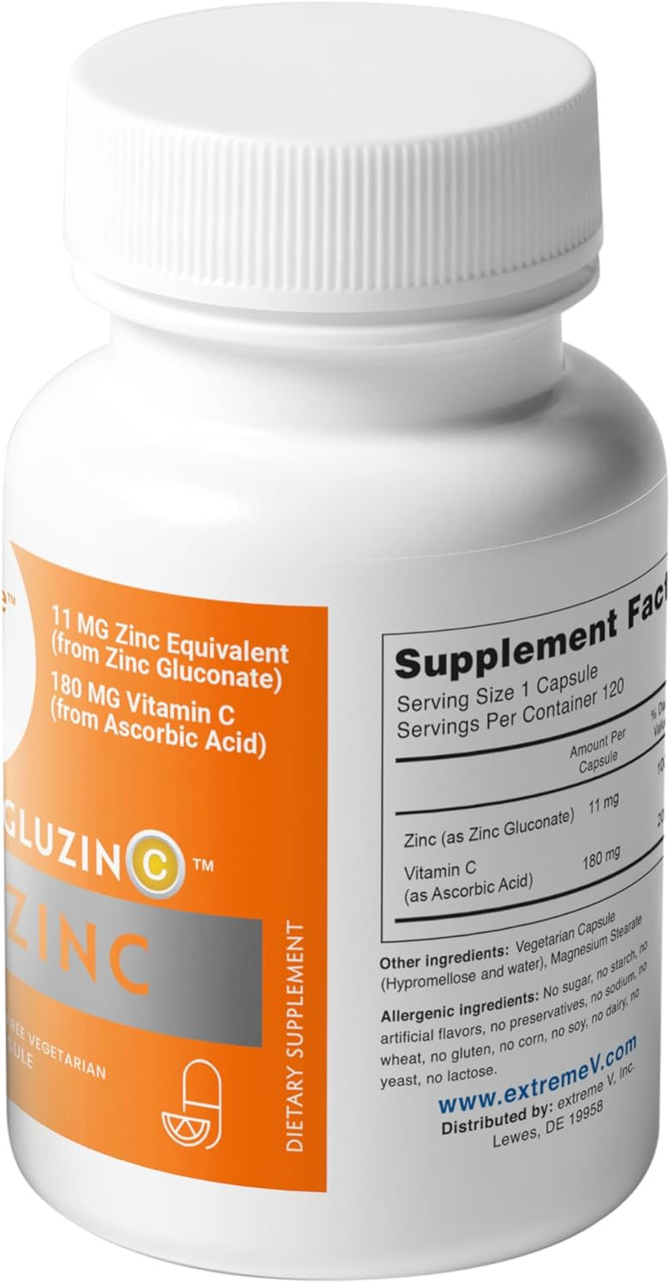 Gluzinc Immune Formula | Zinc Gluconate 11Mg + Vitamin C 180Mg | 120 Dye-Free Vegetarian Capsules