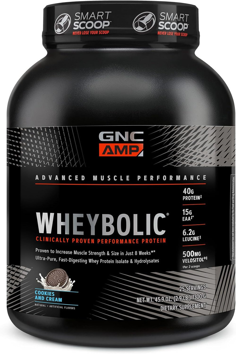 Gnc Amp Wheybolic Clinically Proven Protein Powder, 40G Whey Protein, Bcaa, Leucine, Increases Muscle Strength, Muscle Building, 3Rd Party Tested, Gluten Free, Cookies And Cream, 25 Servings