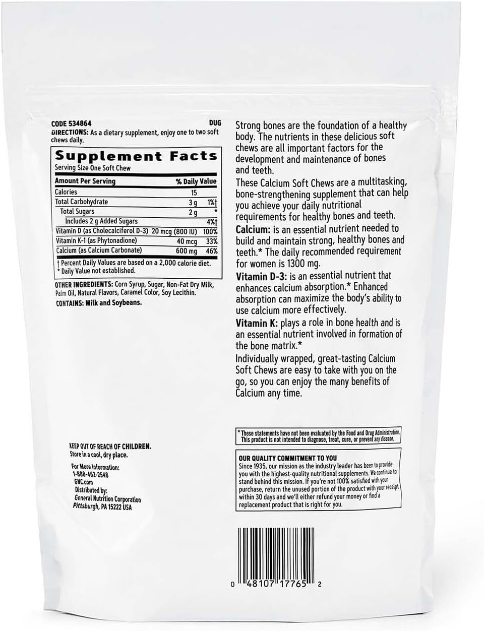 Gnc Calcium 600Mg Supplement, Supports Strong Bones, Caramel, 60 Servings